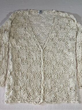 James River Traders Vintage Women’s Open Crochet Floral Design Cardigan - Cream